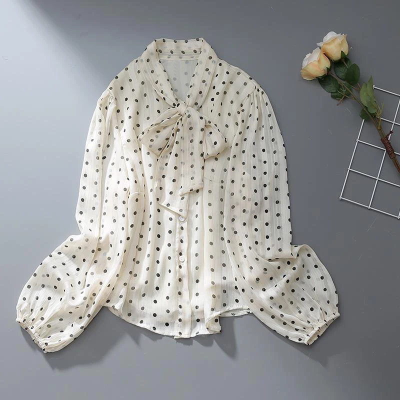 Vintage Elegant Chic Polka Dot Print Bright Silk Long Sleeve Blouse Top Women New Spring Autumn Casual Bow Lantern Sleeve Shirts