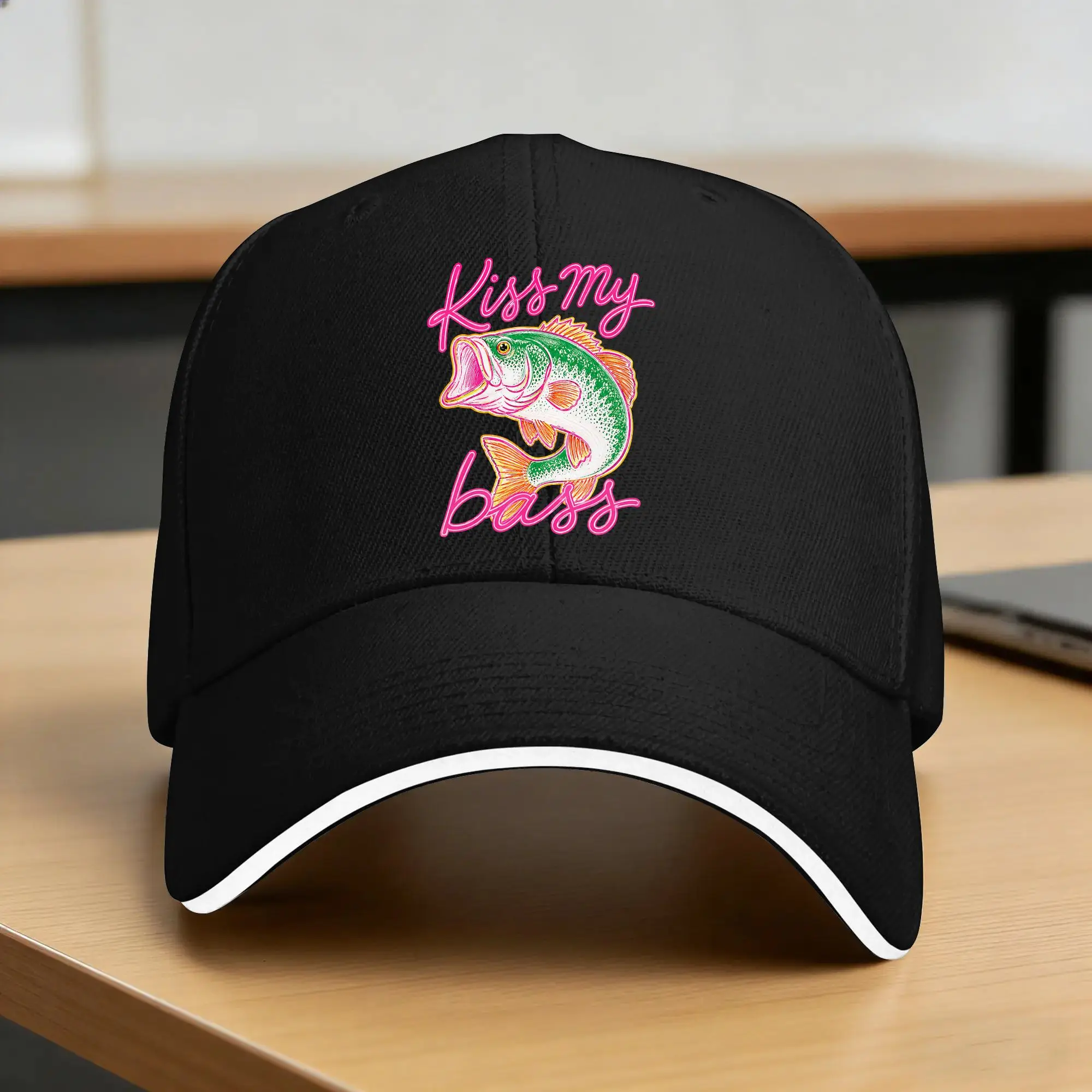 Kiss My Bass Fishing Summer Vibes Bass Lover  Baseball Cap  Fitted Retro Hip Hop Hats Summer Unisex-Teens Outdoor Snapback Cap