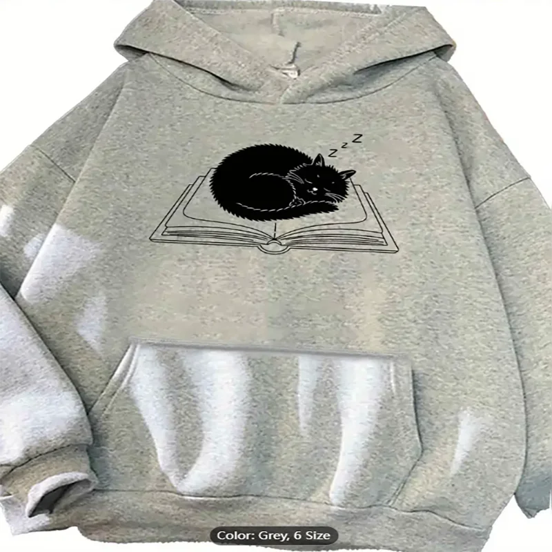 

Womens Grey Hoodie Sleeping Cat on Book Graphic Print Casual Oversized Drawstring Hooded Sweatshirt for Cat Lovers Pure Cotton