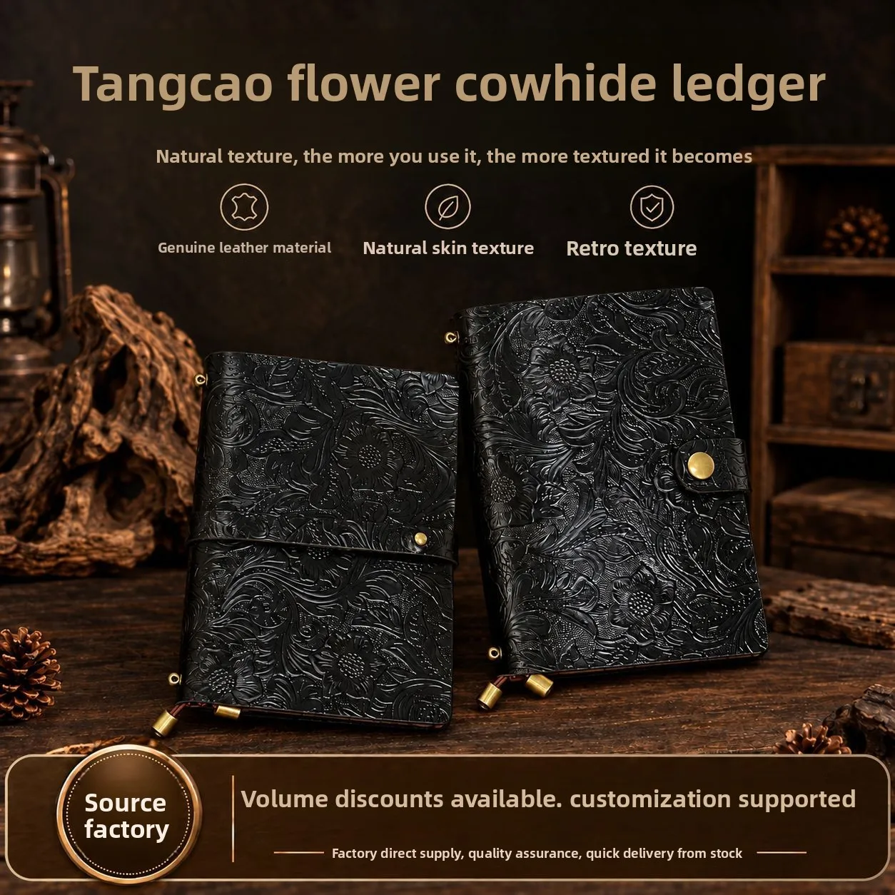 Genuine Leather Loose Leaf Business Notebook with Engraved Floral Scroll Cover, Refillable Ring Journal, 100gsm Ruled and Blank