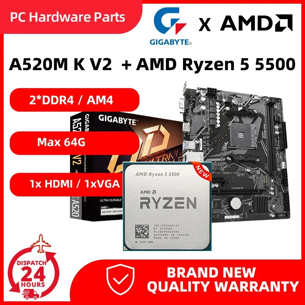 

Комплект материнской платы AMD Ryzen 5 5500 CPU и GIGABYTE A520M K V2 2 * материнская плата DDR4 Am4 с 6-ядерным 12-поточным процессором R5 5500