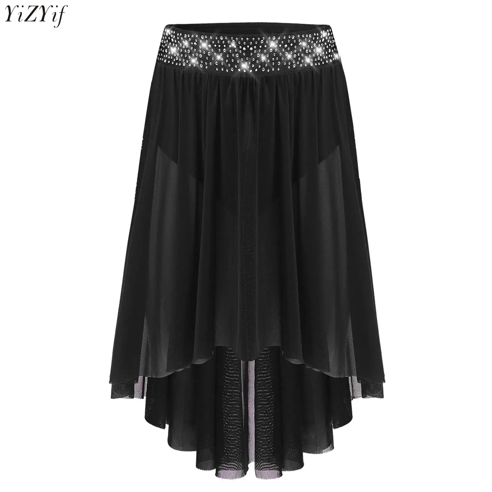 

Kids Girls Dance Skirt Shiny Rhinestones Elastic Waistband Asymmetrical Skirt Lyrical Ballet Leotard Dress Figure Skating Skirts