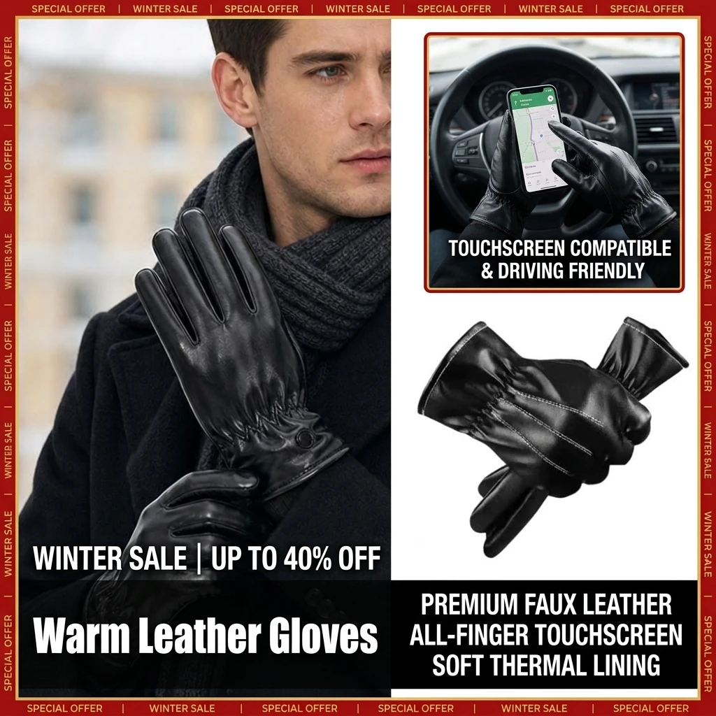 Comfortable Keep Warm Gloves Male Winter, Water Ripple Design Sheepskin Men's Gloves, Black Men's Leather Gloves-8001Y