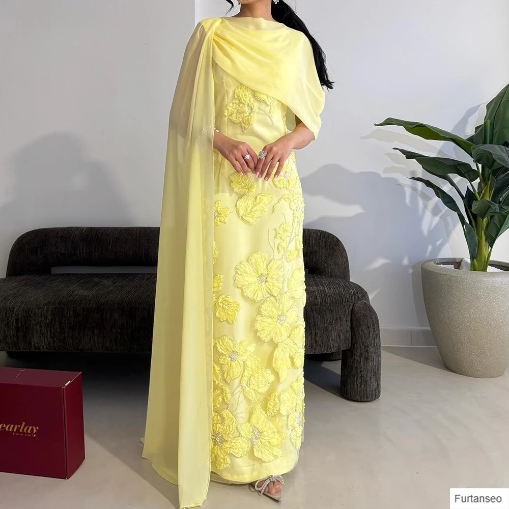 

Customized Straight Evening Dresses Floor-length Boat Neck Sleeveless Prom Gown Fashion Flowers Stole Simple Draped Party Gown
