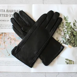 Guanti in vera pelle da donna con bottoni alla moda, fodera in velluto, autunno e inverno, caldi guanti con dita divise in pelle di pecora antivento