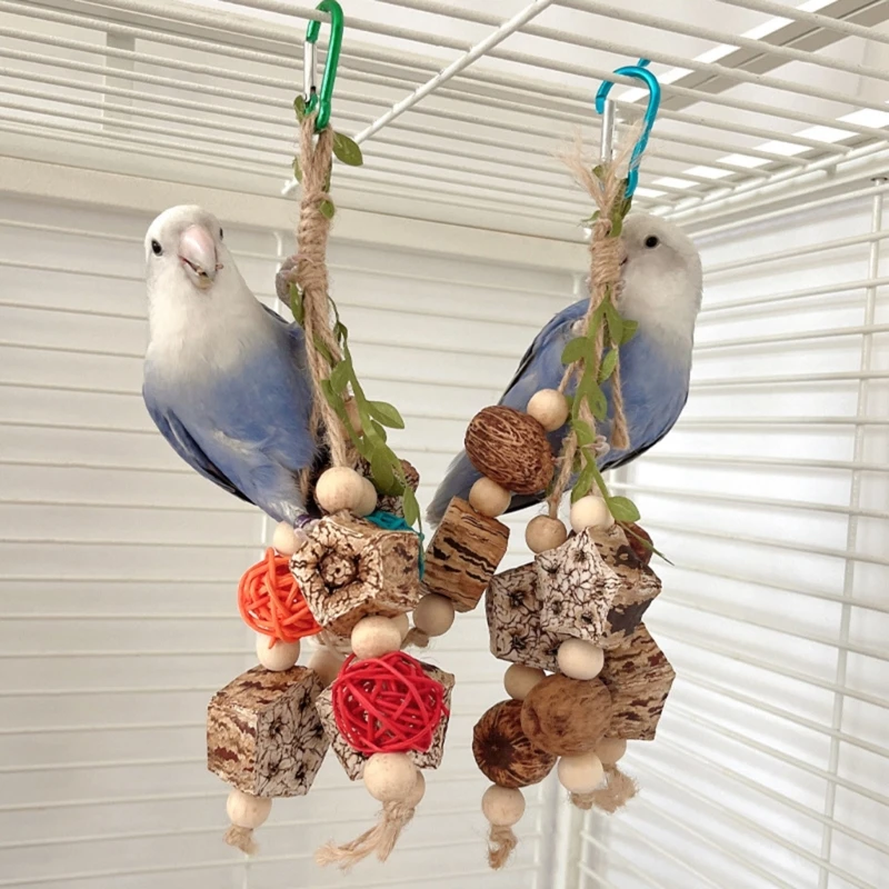 Bird Parrot Toy Natural Wooden Blocks Bird Chewing Toy Parrot Cage Bite Molar Toy Parrot Cage Colorful Hanging Decoration