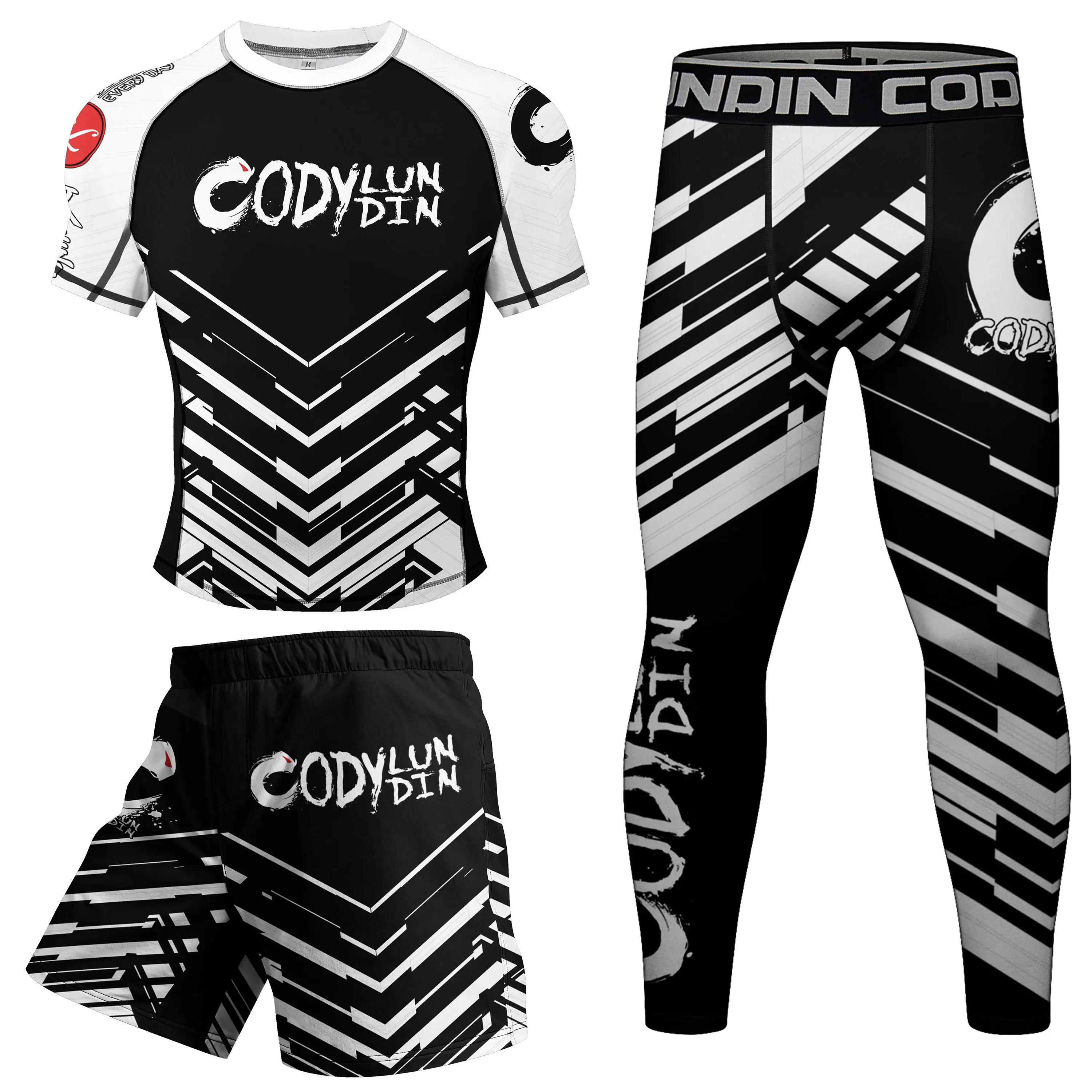 BJJ Anti Slip Bottom Rash Guard T-shirt+MMA Shorts Rashguard Jiu Jitsu Boxing MMA Compression Sets Sportswear for Men Clothing