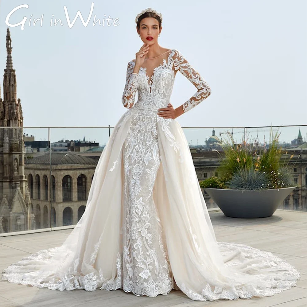 Luxurious O-Neck Mermaid Wedding Dresses Detachable Train Lace Long Sleeves Appliques Robe De Mariee for Brides Customised