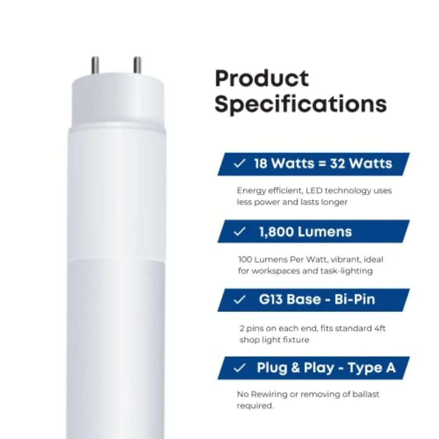 LED 4Feet Bulbs T8, 32 Watt Equivalent, Type A Tube Light, Plug and Play, T8 LED Tubes, LED Fluorescent Replacement, Frosted, T