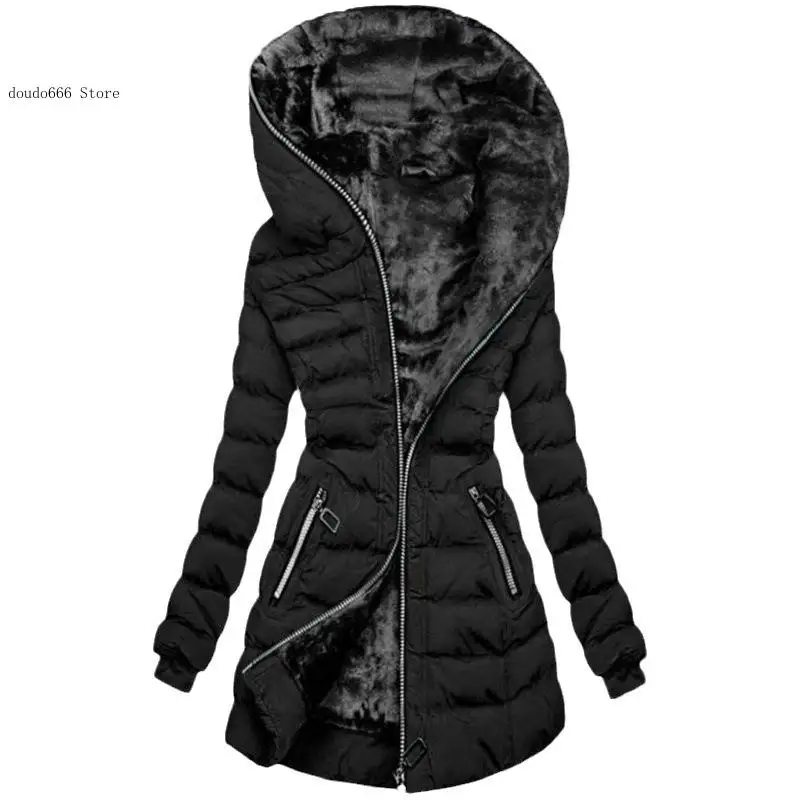 Winter Cotton-Padded Coat Women\'s Hooded Warm Velvet Cotton-Padded Jacket Mid-Length Coat Casual Black Cotton-Padded Jacket