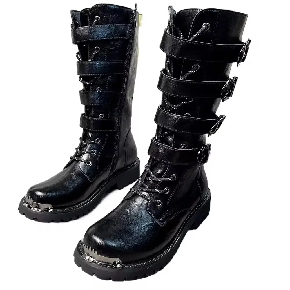 【ACLENT】Round buckle long boots Punk Metal Decor Belt Buckle Mid-calf Gothic Long Boots for Men