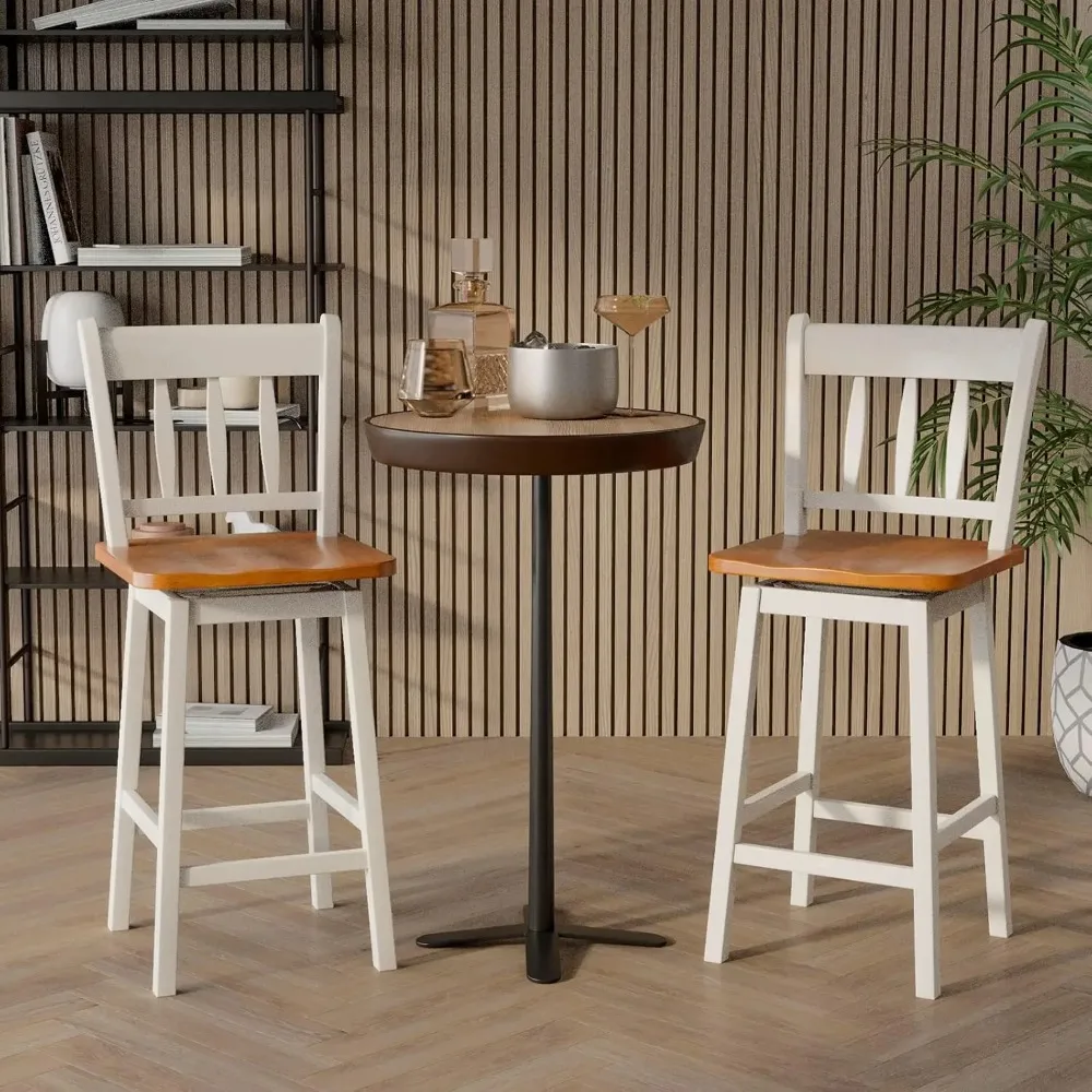 Bar Stools Set of 2, 24.5 Inch Rubber Wood Bar Chairs with 360°Swiveling, Footrest, Swivel Counter Height Barstools Ideal