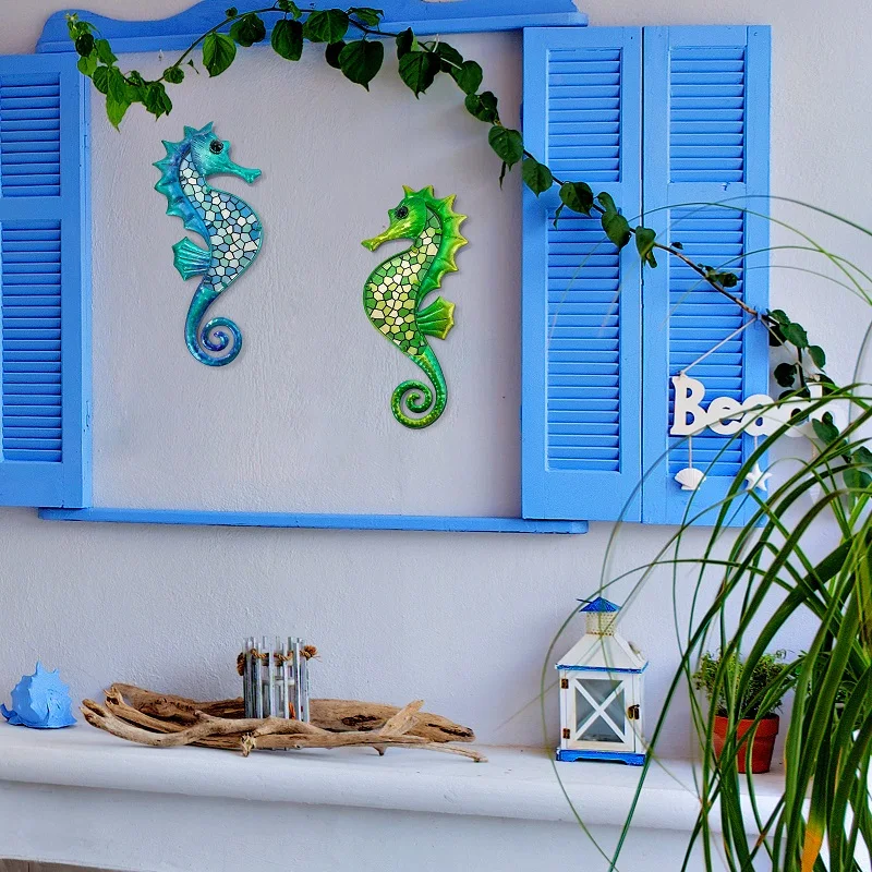 Arte de pared de caballito de mar de metal para jardín al aire libre, estatua de escultura de valla, decoración de piscina y baño, 2