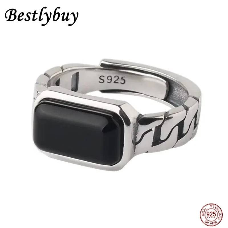 

2025 New 100% S925 Silver Trendy Jewelry Square Black Agate Simple Fashionable Open Woman Ring