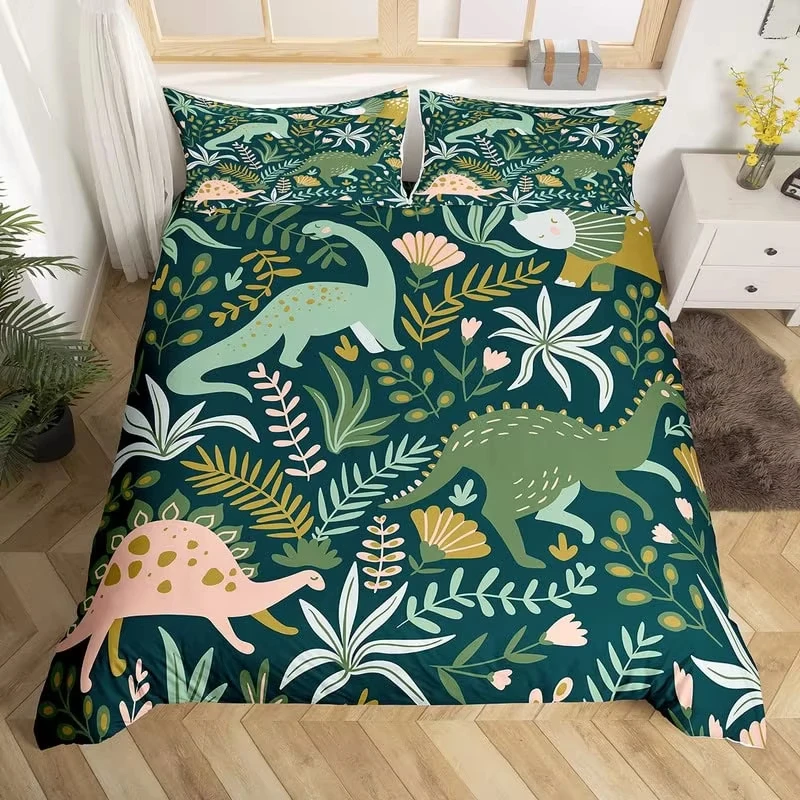Cartoon Single Twin Queen King Bedding Set,Cute Cartoon Dinosaur Duvet Cover for Boys Teen Lovely Animal World Comforter Cover
