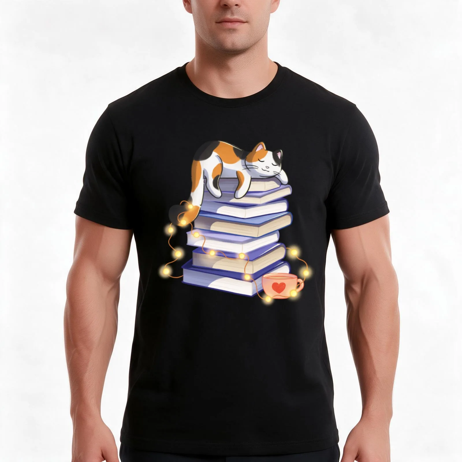 Calico Cat Sleeping On Books T-Shirt Summer Casual Cotton Tee Oversized Streetwear Tops Vintage Graphic Print 100% Cotton
