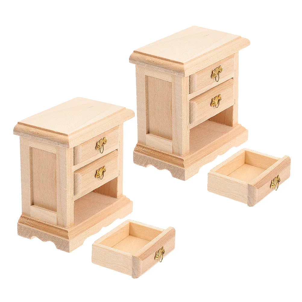 2 Pcs Dollhouse Bedside Table Dolls Furniture Cabinet Model Mini Wood Night Decor