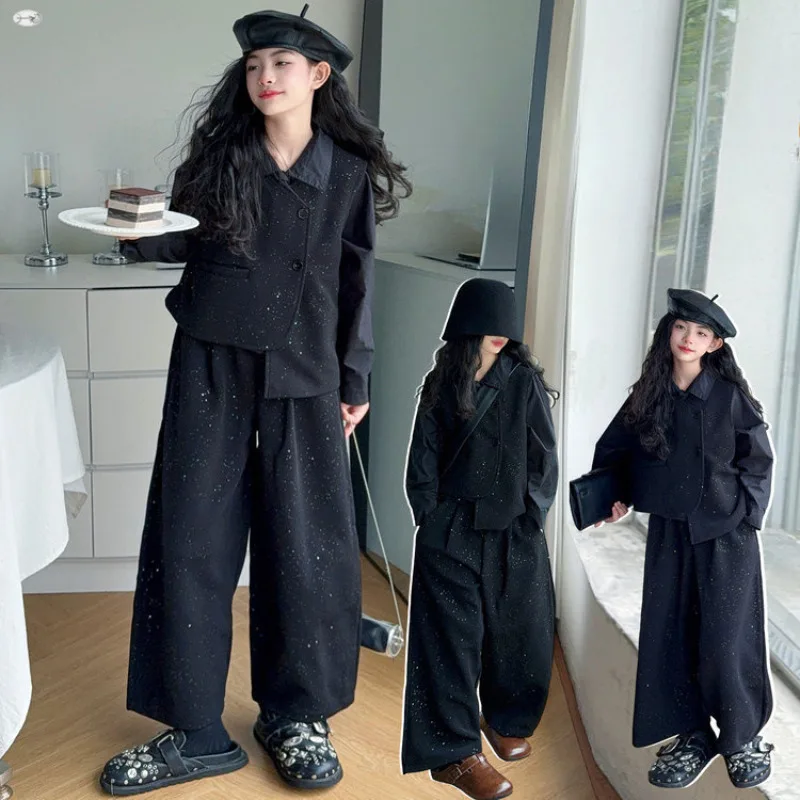 

Комплект одежды для девочек, весенне-осенний детский черный, серебристый, посыпанная одежда без рукавов, жилет + широкие брюки, детские костюмы из 2 предметов