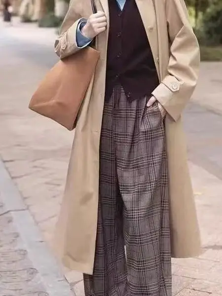 

Slim Fit Plaid Casual Women's One-Piece Spring Summer 2025 Faionable Versatile Long Pants Commute Sle mid Waist Nine Points