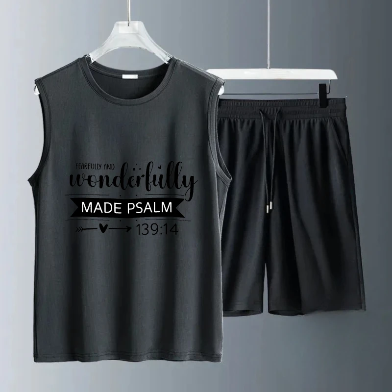 بدلة صدرية رجالية صيفية بدون أكمام مطبوعة بشكل رائع بدون أكمام + شورت بدلة رياضية مجموعة بدلة تدريب للرجال 	 طقم 2 قطعة