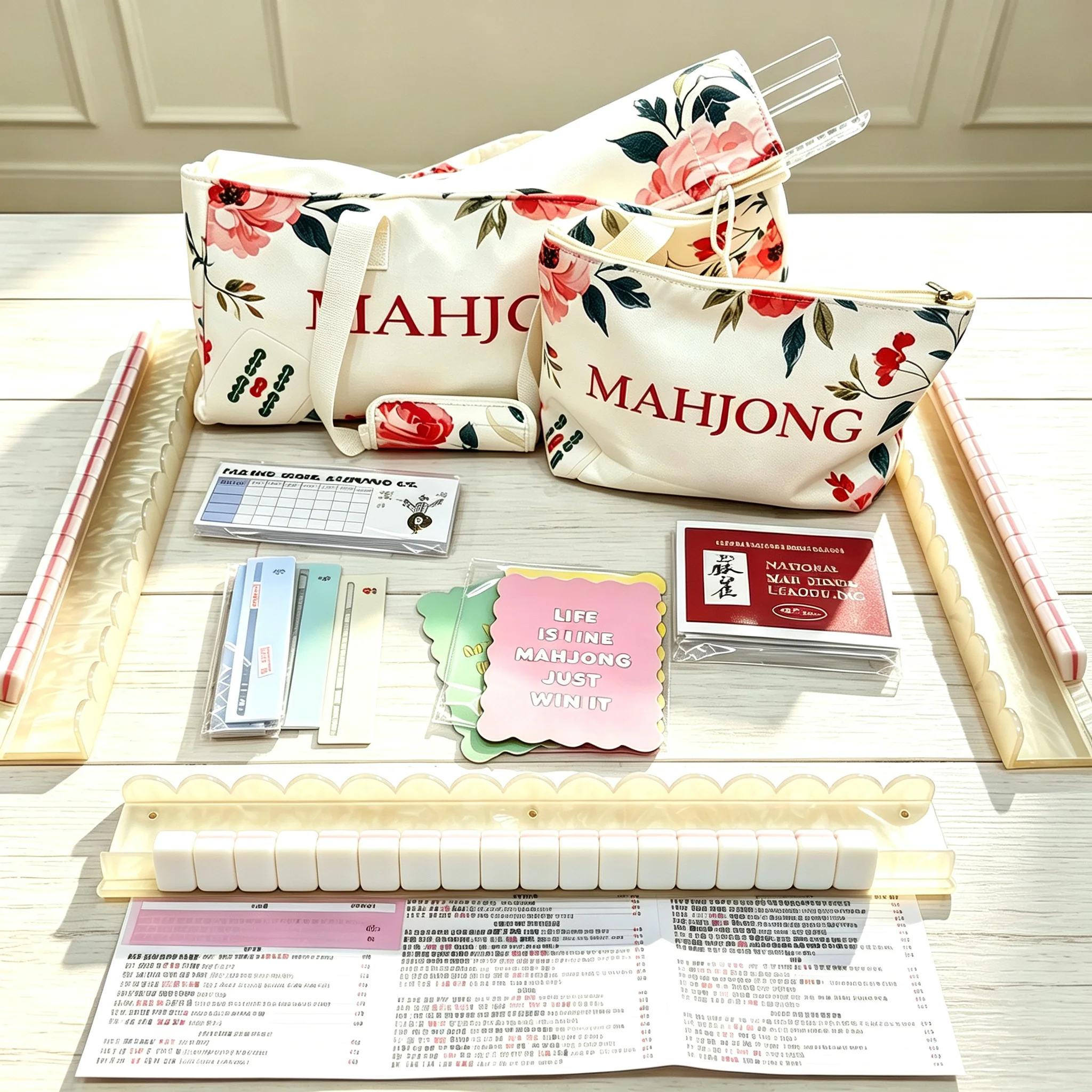 2 Styles American Mahjong Set Pink Floral Monkey Tile & Light Blue 4-Layer Mahjong Kit Full Accessories Bag Mat Rack Ruler