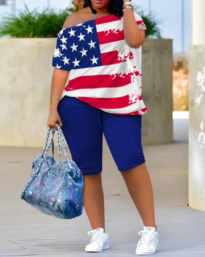 Conjunto de dos piezas para mujer, traje con estampado de bandera del Día de la independencia, Top de manga corta y pantalones cortos, moda informal