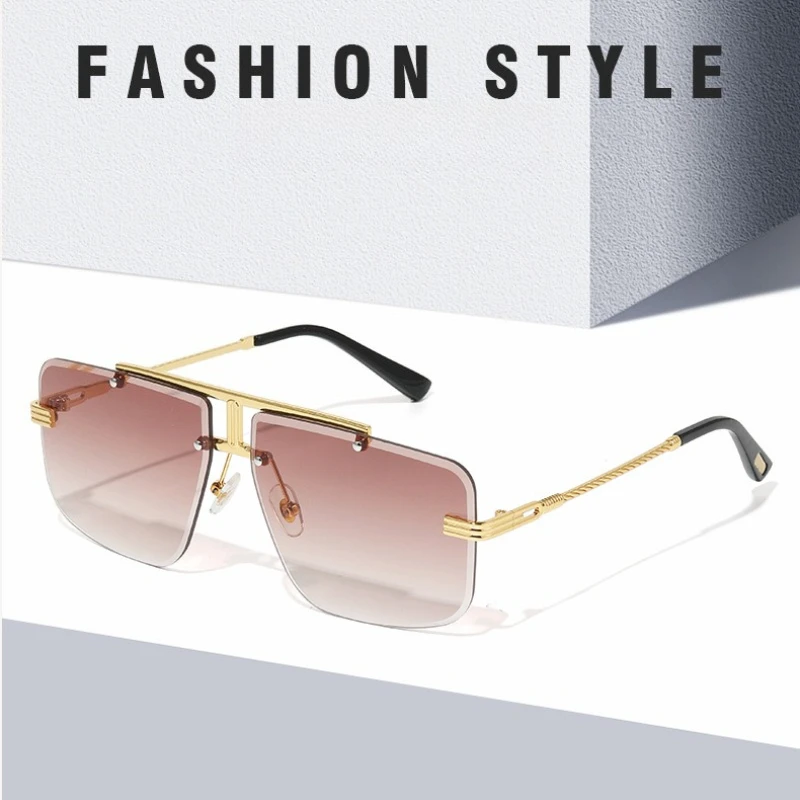 

Double Bridge Frameless Sunglasses Vintage Square Frame Men's Travel Shades Outdoor Gradient Lens UV Protection Driving Glasses