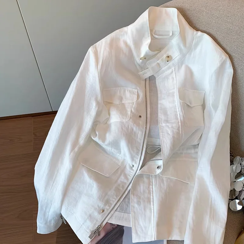 Women's White Stand Collar Linen Shirt Jacket 2026 Spring & Autumn New Elegant Sweet Long Sleeve Top Single-breasted Coat