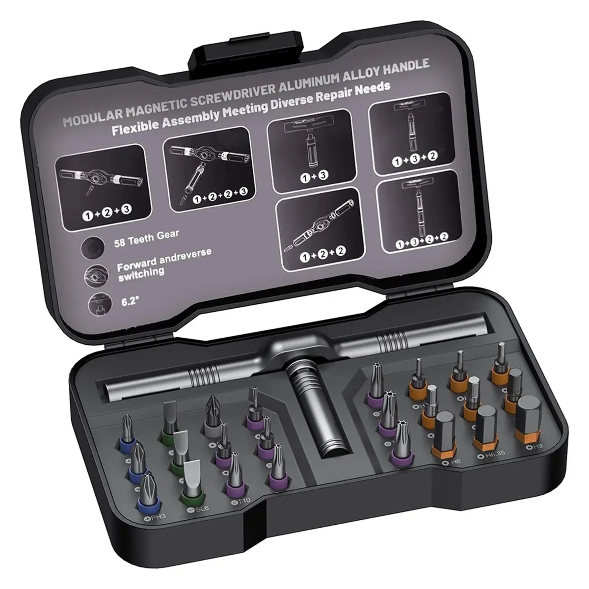 A58Z 24 in 1 Magnetic Screwdriver Set Multi Bit Magnetic Drive Set with Detachable Ratchet Handle for Furniture Computer Bike