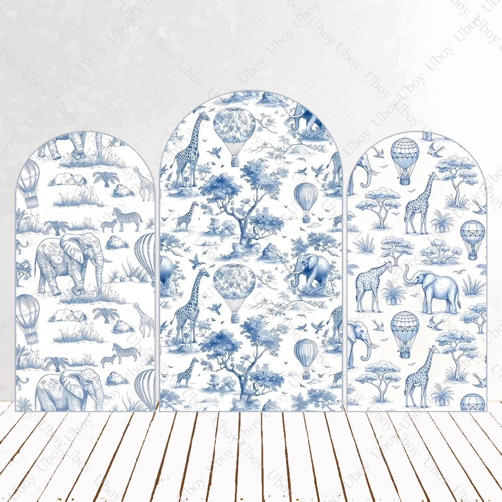 Blue Toile De Jouy Animals Safari Jungle Arch Backdrop Cover for Kids Baby Shower Birthday Party Decor Photo Background