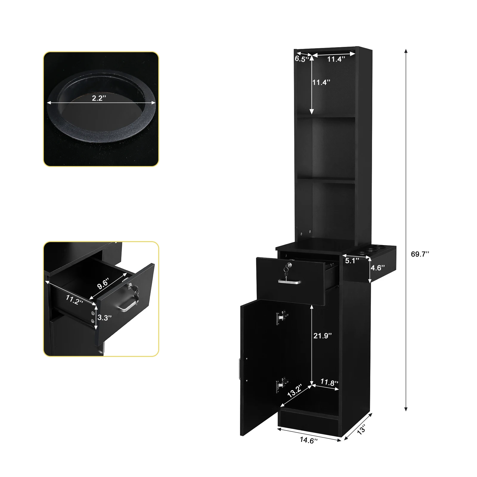 Black Salon Cabinet 15 cm P2 Density Board Standing 3 Compartments 1 Drawer 1 Door 3 Holes On the Right Ear[US-Stock]