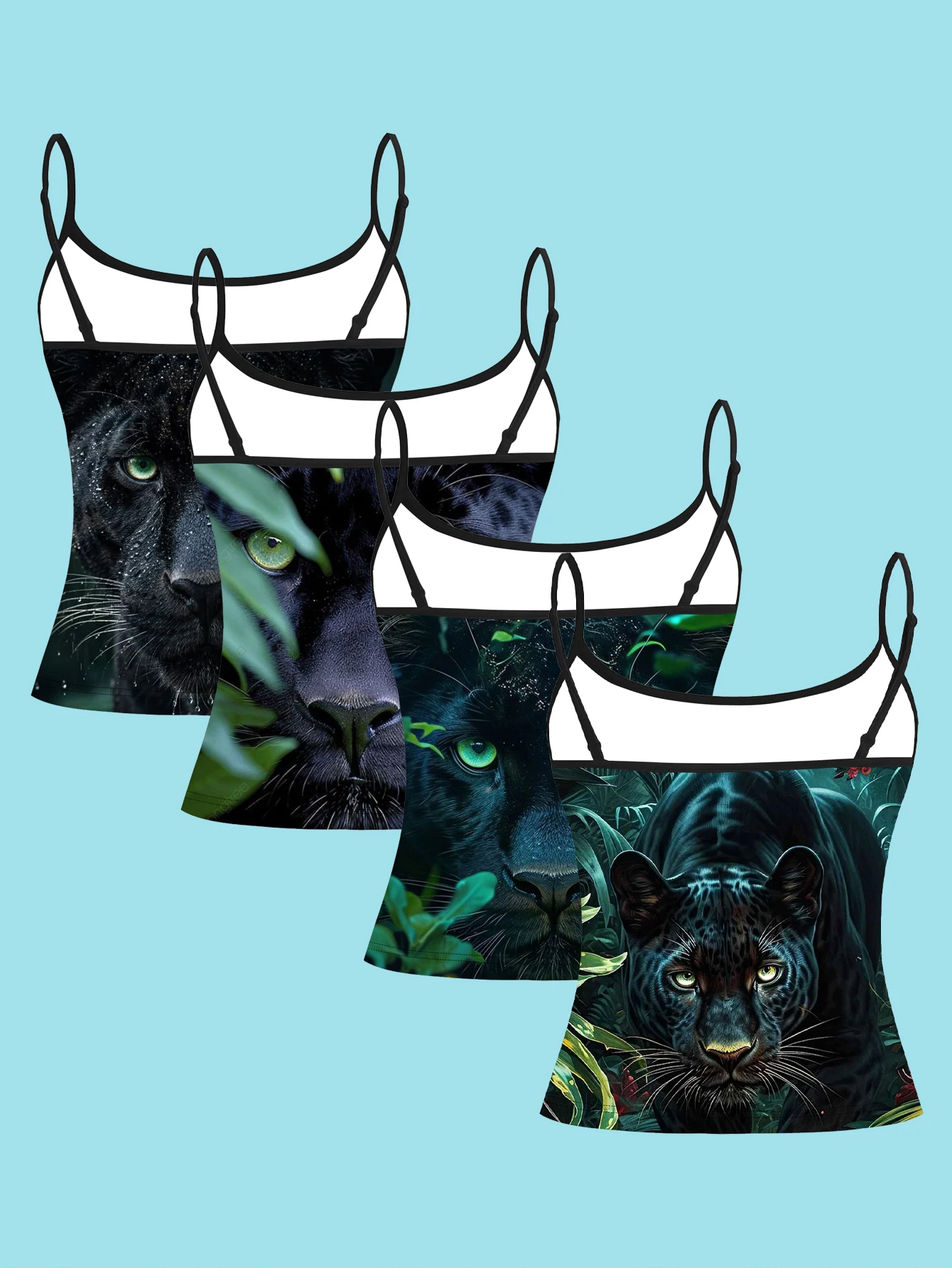 4-Piece Set of Black Panther Jungle Realistic Photography Print Camisole for Women, Dark Wild Green-Eyed Black Panther Spaghetti Strap Waist-Cinching Slim-Fit Base Top, Cross-Border Street Party Wear Camisole