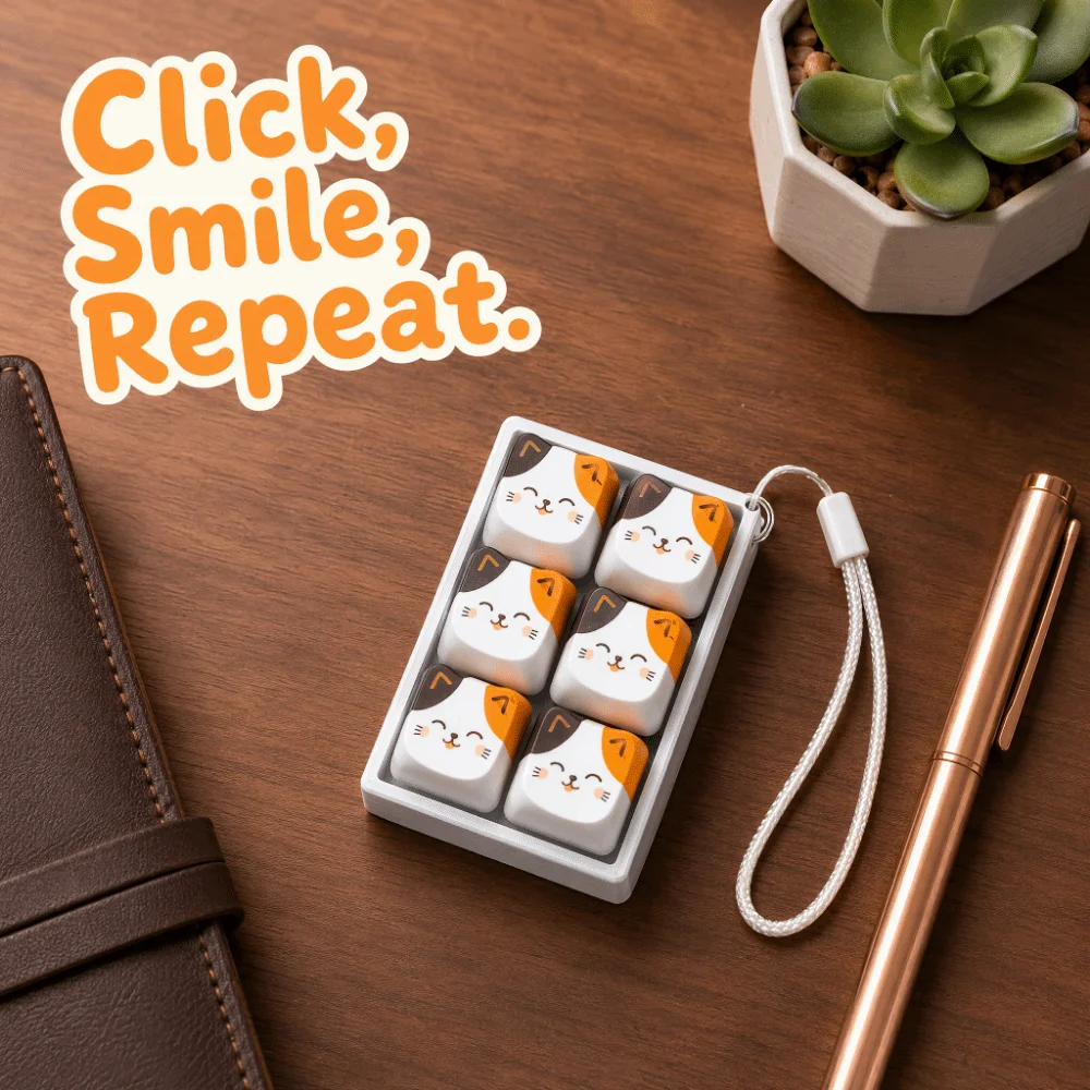 Cat Pattern Cute Cat Keycap Keychain Cartoon Portable Anti-stress Fidget 6-key Mechanical Button Backpack Pendant Relaxation