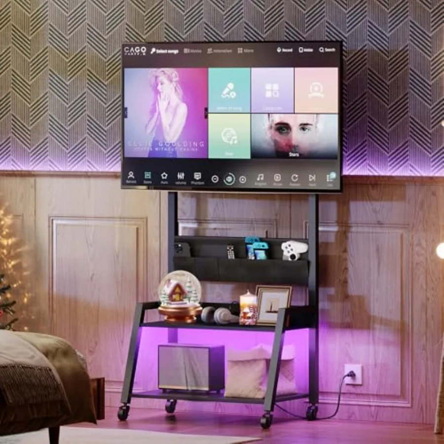 حامل تلفزيون دوار مع مخرج طاقة وإضاءة LED لعربة تلفزيون متنقلة ما يصل إلى 55 تلفزيونًا مع حامل قابل للتعديل و5 أكياس من قماش الثور