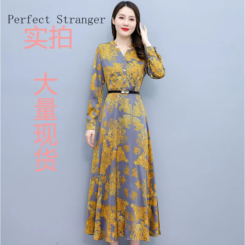 Acetate Dress Vestidos Feminino 2022 Autumn New Arrival Printed Long Sleeve Women Long Dress Robe femme été High Quality