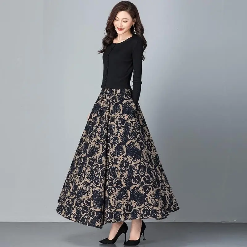 Summer New Office Lady Commute High Waist Ankle Oversize Loose Long Skirts Elegant Vintage Printed Maxi Floral Skirt Woman