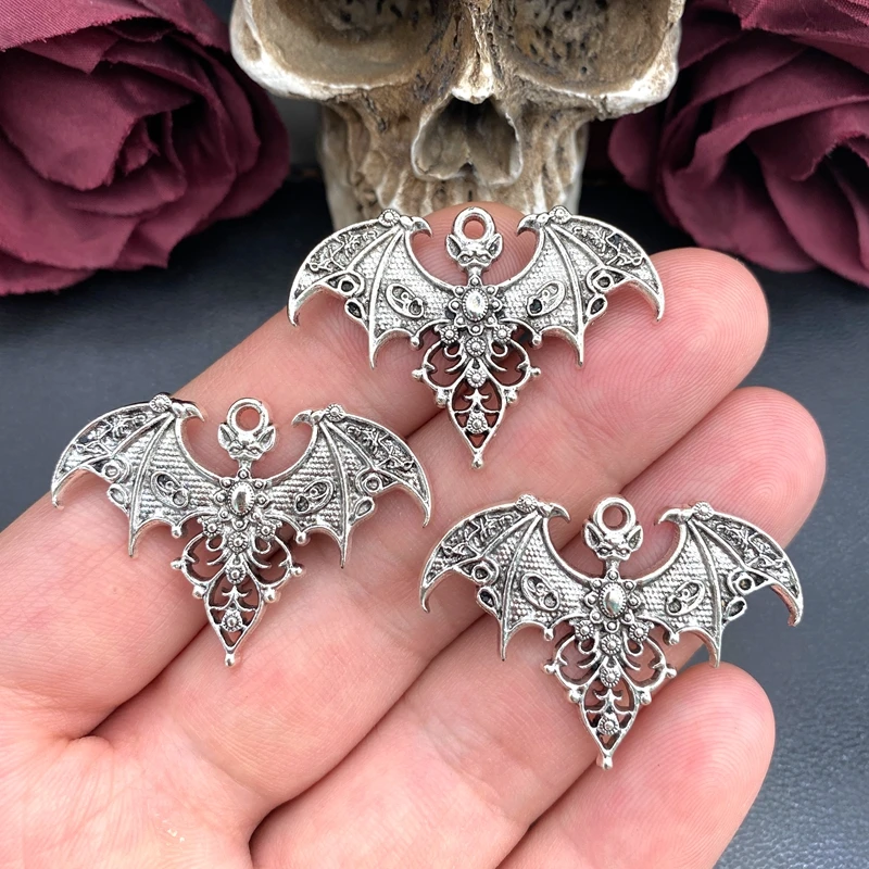 5 Stück Gothic-Vampirfledermaus-Anhänger, antikes Silber, barocker Fledermaus-Anhänger für Halsketten, Ohrringe, DIY-Halloween-Schmuckzubehör – Detail 4