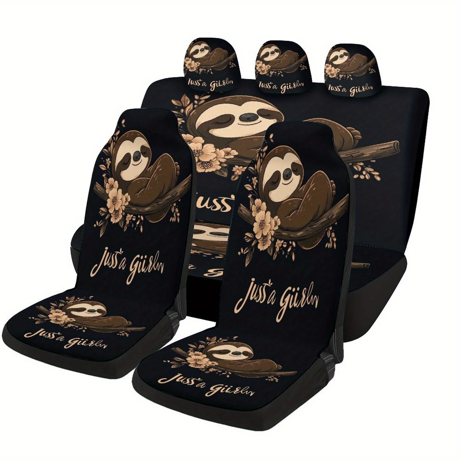 Car Seat Cover Set Featuring A Sloth On A Branch, Designed For Various Vehicles. This Stylish And Unique Set Includes Covers For