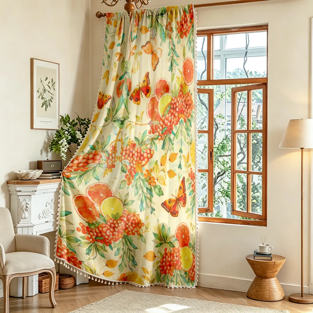 1PC Floral Tassel Sheer Curtains, Orange Green Floral, Digital Print, Linen Polyester, Bedroom Living Room, Rod Pocket