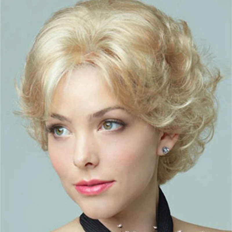 

European and American fashion white women's , fluffy mixed gold short curly synthetic hair wig