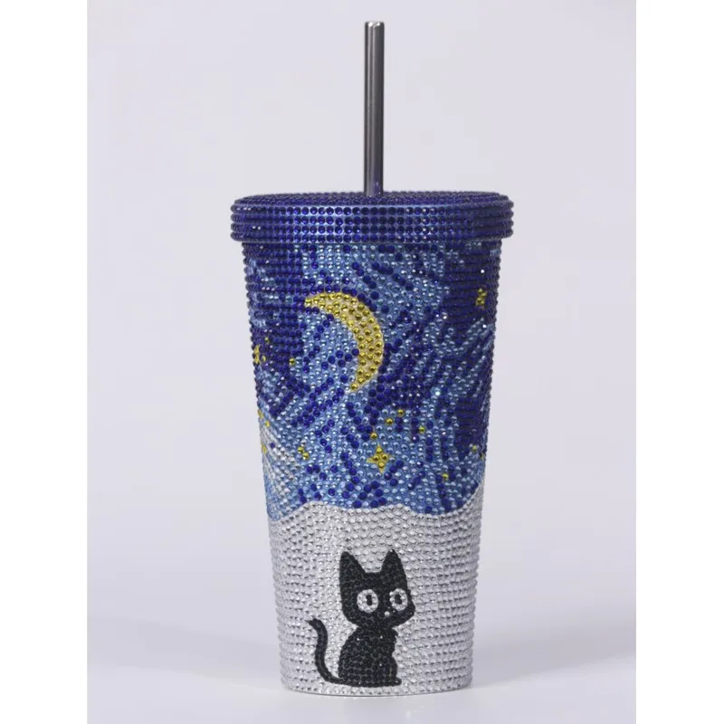 Sparkling Glass Rhinestone Tumbler Hot-Fix Crystal Straw Cup Food-grade Stainless Steel Vacuum Thermos Gift-Ready Drinkware