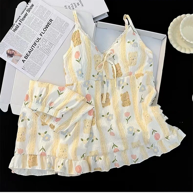 Women's Pajamas Set Sleepwear 2 PCS Short Tank Tops And Shorts S M L XL 2XL White Ventilate Soft Casual Kawaii Printing Pad