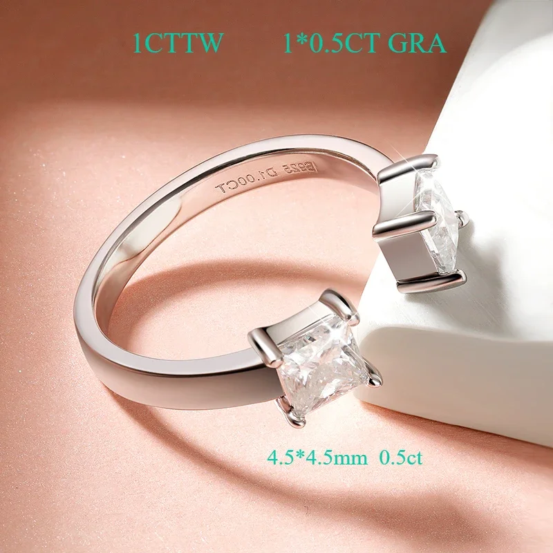 Smyoue 1CTTW 4.5mm Princess Cut GRA Certificato Moissanite Anelli per le donne Regolabile 100% 925 Sterling Silver Wedding Party Band