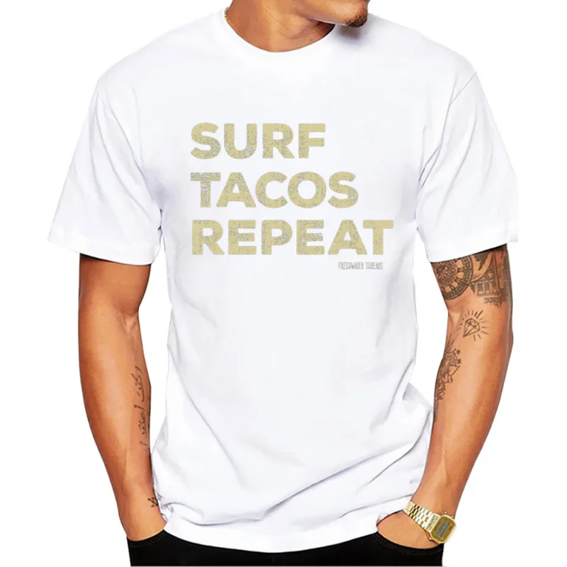 

Basic Letter Men T-Shirt Surf Tacos Repeat Printed T Shirts Short Sleeve Tshirts Harajuku Tee