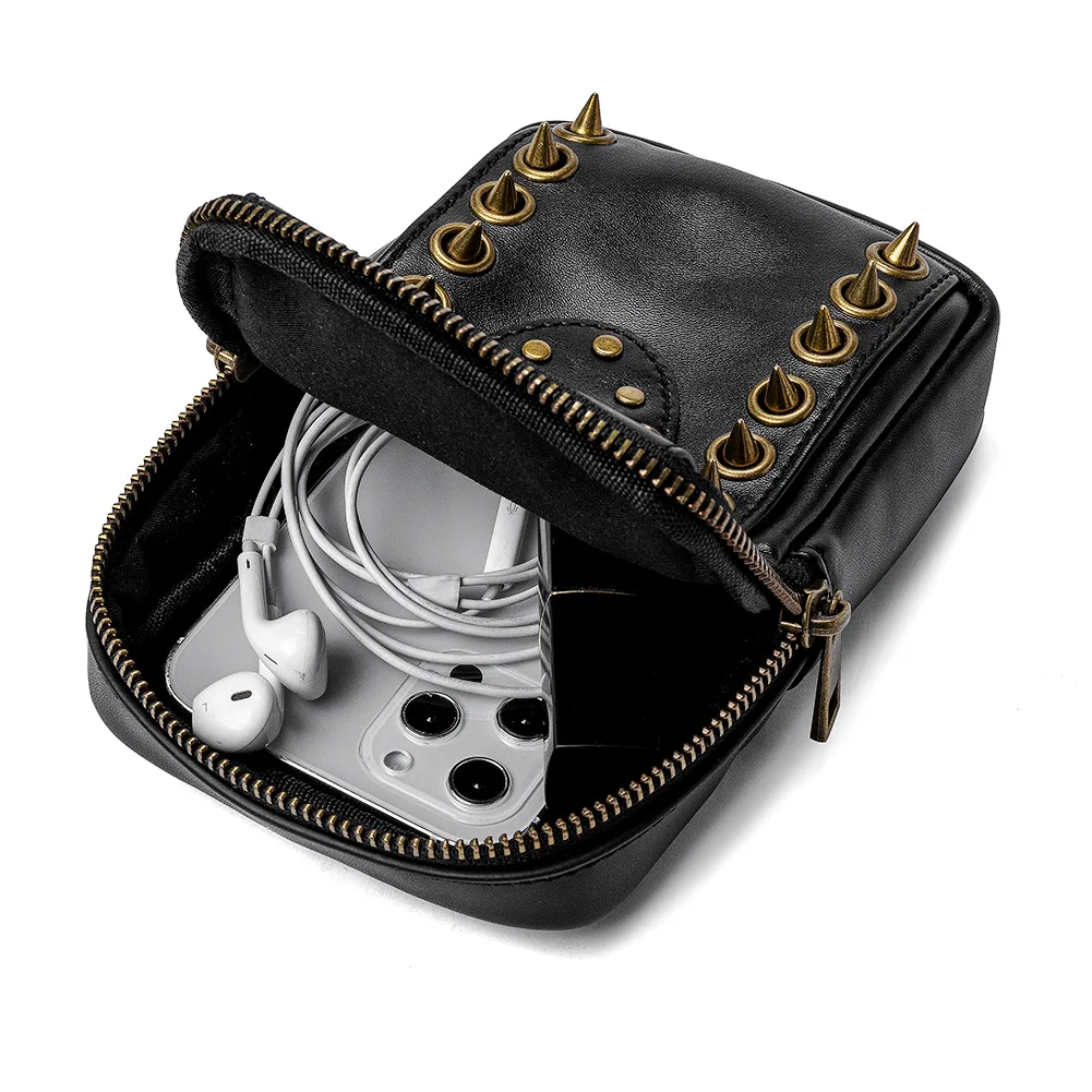 Punk Ladies Skull Head Rivet Single Shoulder Crossbody Bag Mobile Phone Bag Wearable Belt Motorcycle Knight Small Backpack view 4