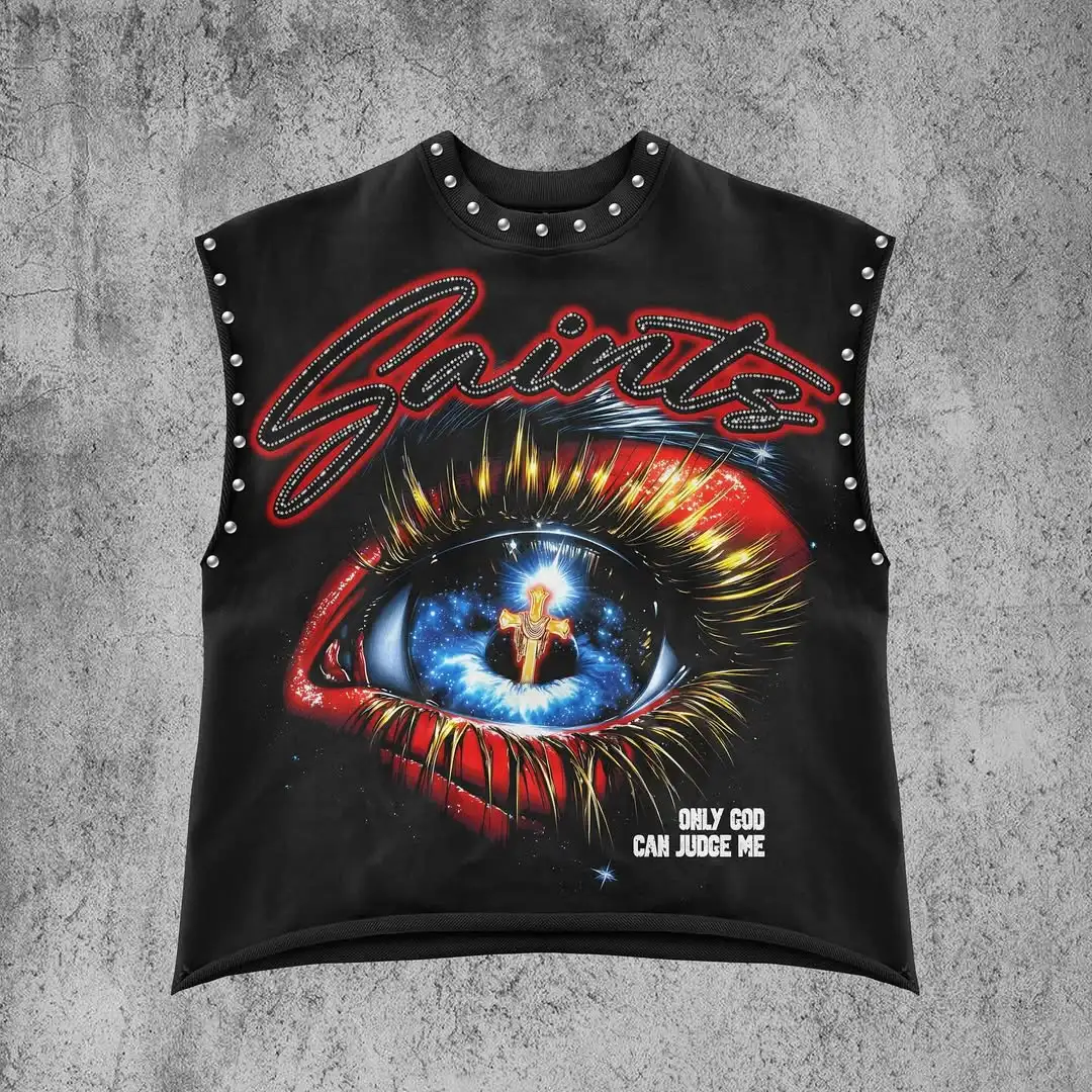 

Y2K Американский повседневный жилет с готическим узором и принтом Harajuku Хип-хоп Уличная ретро хлопковая футболка без рукавов с круглым вырезом для пар