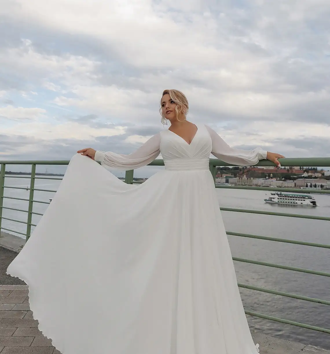 Robe de mariée en mousseline de soie, grande taille, manches bouffantes complètes, ligne A, décolleté en V, longue mariée, élégante, simple, pour les patients, 2024