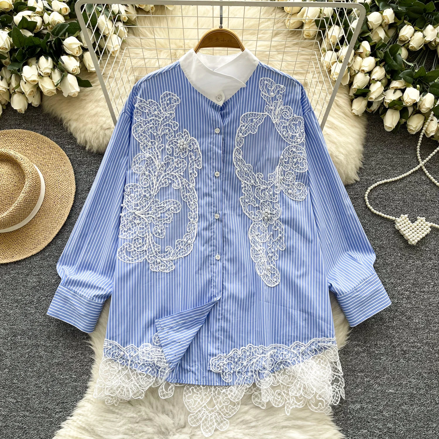 Nomikuma Spring Shirts Women's 2025 New Korean Fashion Nail Bead Lace Splicing Striped Cardigan Top Women's Shirt