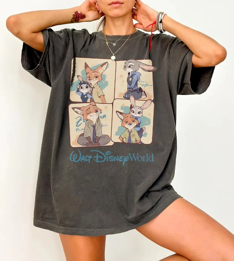 تي شيرت ديزني زوتوبيا مع طباعة نيك وايلد وجودي هوبس للجنسين من القطن بطبقة أساسية لجميع المواسم تي شيرت كبير الحجم