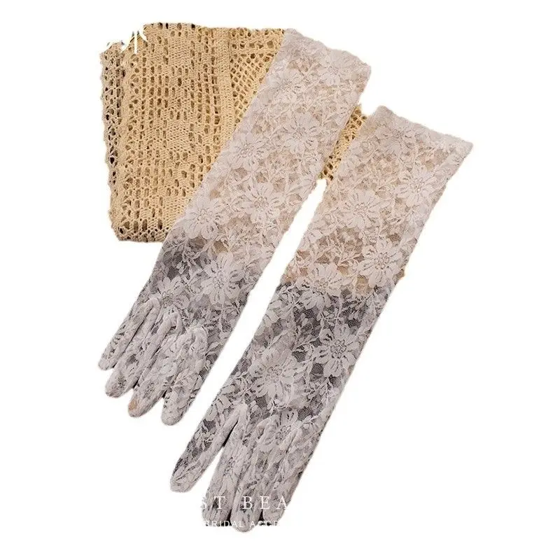 New Vintage Lace Trim Wedding Gloves Artistic White Long Wedding Dinner Party Photography Accessories for Brides